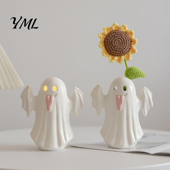 Ceramic Ghost Night Light Up Figurines for Halloween Decor, Cute White Statue Craft with Pink Tongue, LED Home Table Office Desk Decorations