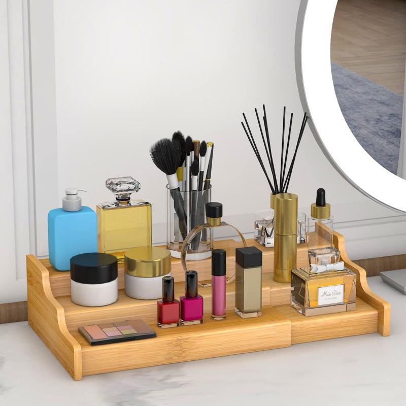 3-Tier Bamboo Spice Rack: Retractable Trapezoidal Seasoning Storage Box for Home.