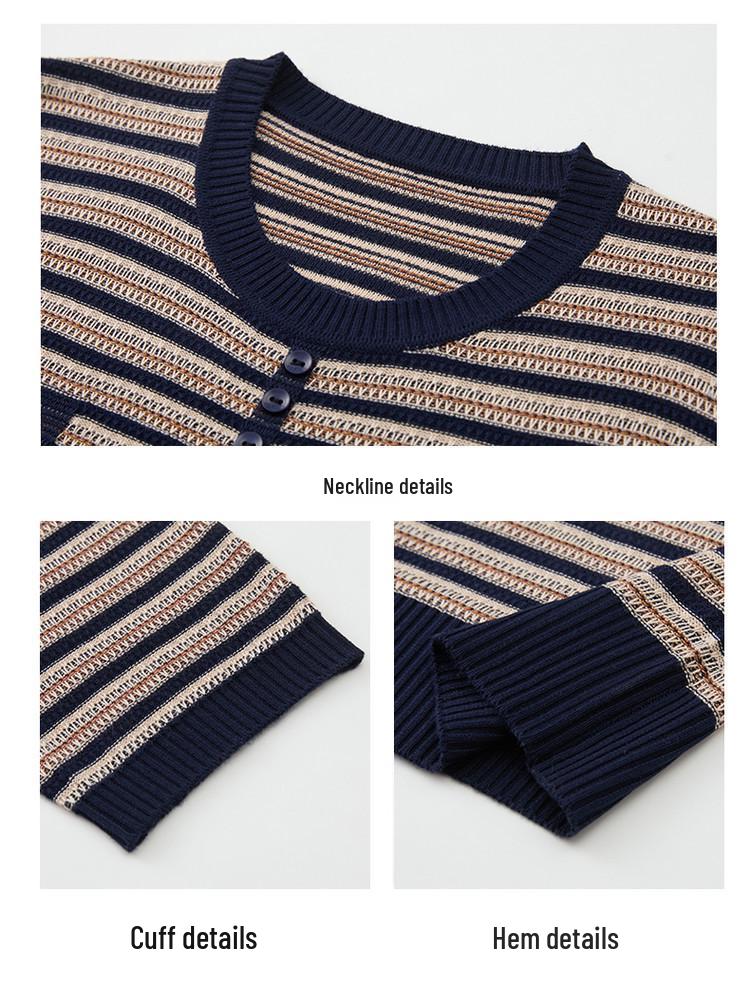 Elegant Korean-Style Striped Knitwear T-Shirt for Women, Plus Size, Loose Fit, Five-Sleeve, Perfect for Middle-Aged & Elderly, Spring Wear.