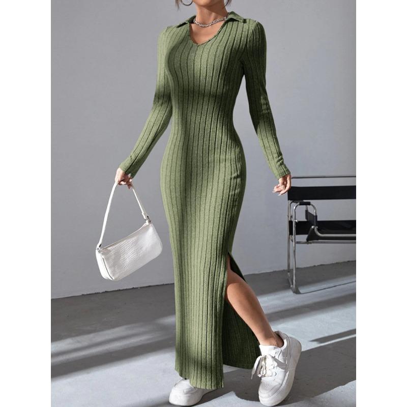 

YYFS Женская мода весна осень однотонный принт длинный рукав поло воротник высокая талия повседневные платья M армия зеленый