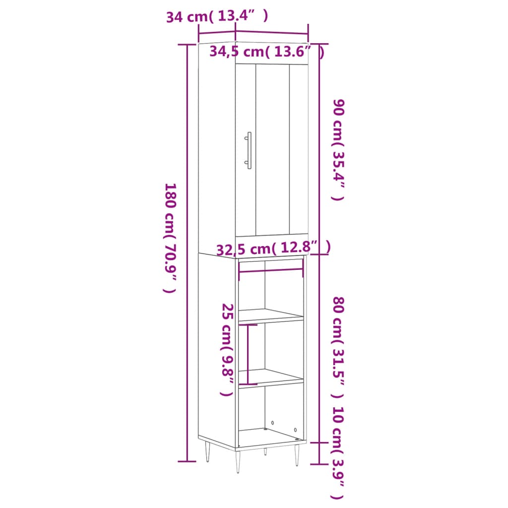Highboard Gray Sonoma 34.5 x 34 x 180 cm Particleboard