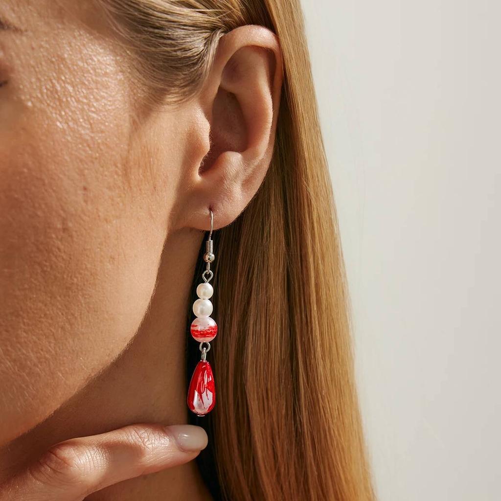 Ingemark Halloween Red Crystal Water Drop Pendant Earrings for Women Elegant Imitation Pearl Tassel Drop Earring Party Jewelry