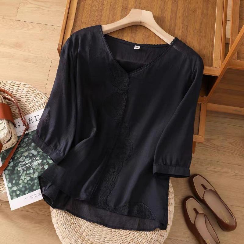 Retro Embroidered Cotton Hemp Women's Versatile Artistic Summer Dress Loose Skinny Versatile Top Blouses Shirts