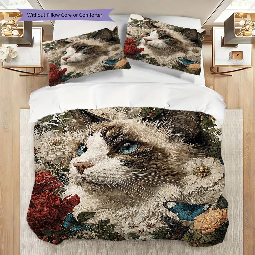 Maine Coon Pattern Bedding Quilt Set Quilt Cover Pillowcase Home Decoration Birthday Gift (1 * Duvet Cover + 2 * Pillowcase, Without Core)