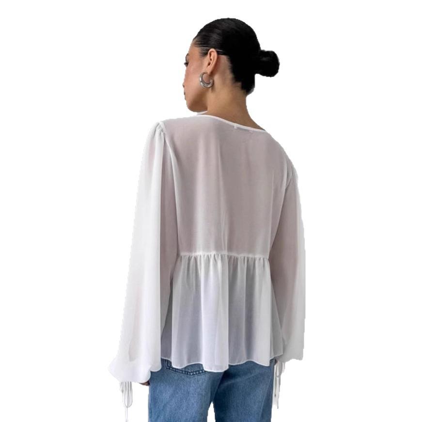 Chiffon ruffle edge lace-up shirt women's summer French fashion loose white V-neck long-sleeved top women's clothing