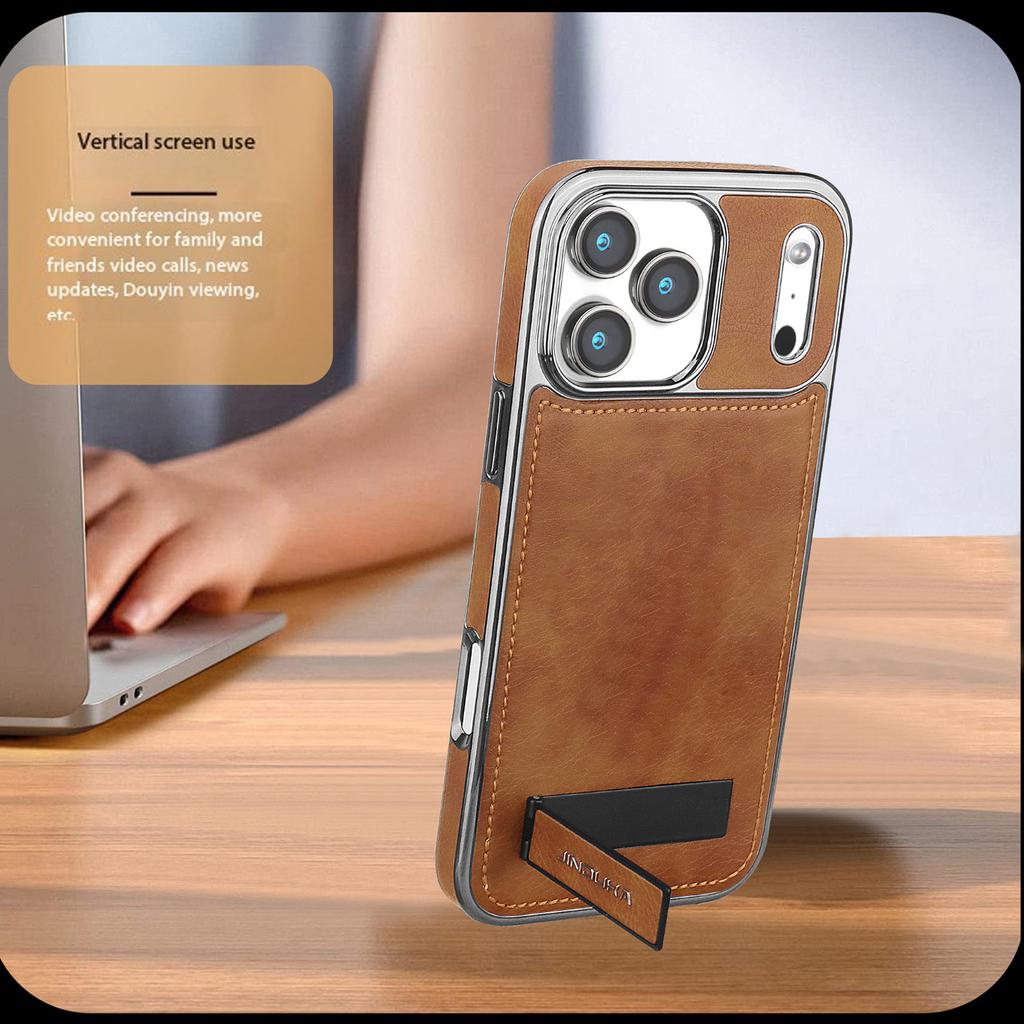 Electroplated Leather Phone Case For iPhone 17 Pro Max 17Air 16 15 Plus 14 Pro 13 12 11 Invisible Bracket Lens Protective Cover