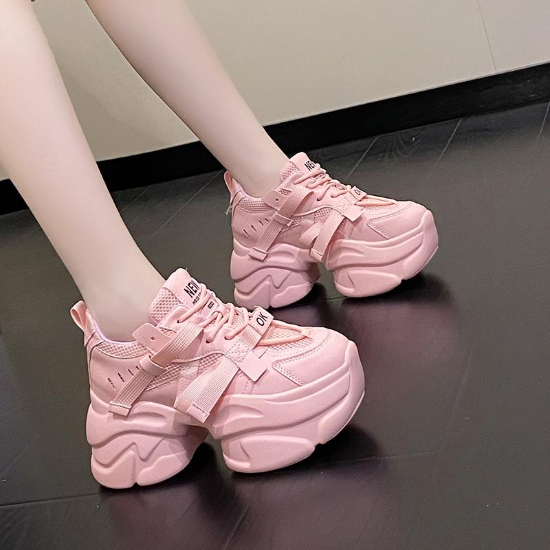 White Chunky Sneakers Women New Autumn Hidden Heel Platform Sports Dad Shoes Woman Lace Up Breathable Mesh Casual Shoes 8CM