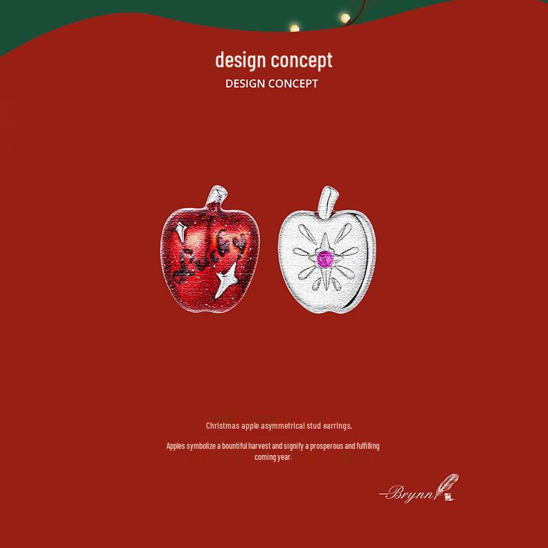 Yinziyun Asymmetrical Christmas Apple Earrings: S925 Sterling Silver Lucky Red Apple Studs