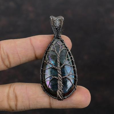 Pendentif Arbre de Vie Labradorite Feu Mystique Pendentif Enveloppé de Fil de Cuivre Pendentif Pierre Gemme Bijou en Cuivre Cadeau pour Elle Bijou en Fil Fait Main