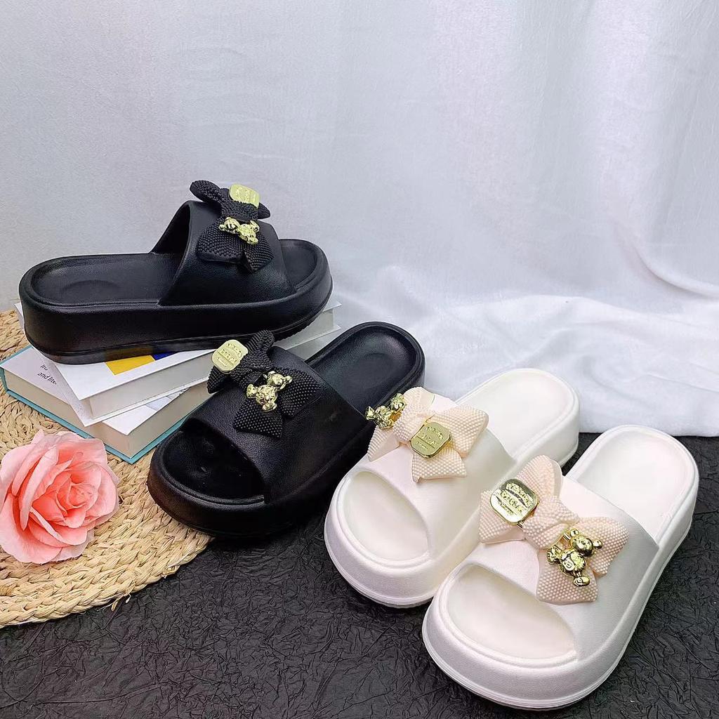 Slippers women's new thick-soled bear bow slippers women's spring and summer fashion one-word slippers