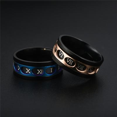 Anillo giratorio de acero inoxidable de 9 mm con números romanos, color negro y rosa para hombre