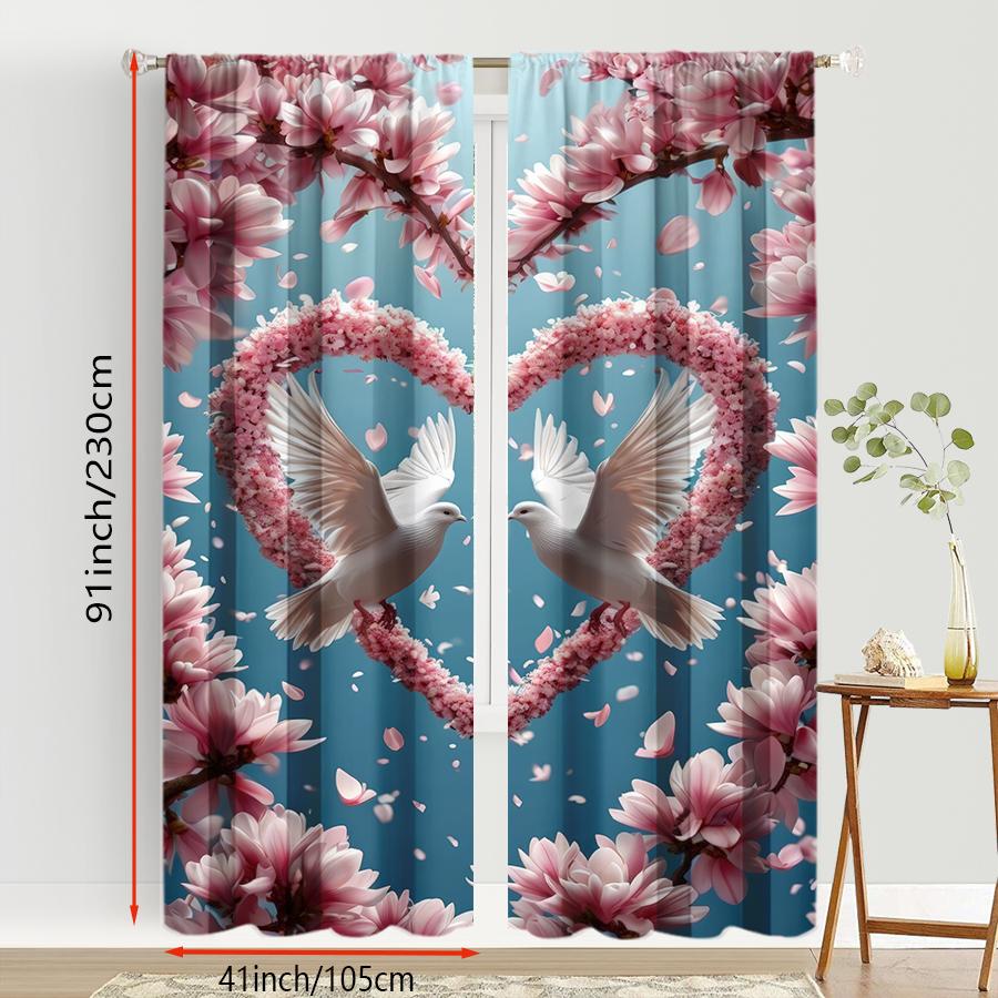 2PCS blue background pink flower white dove curtain   romantic spring view   bedroom and living room   drawbar pocket style