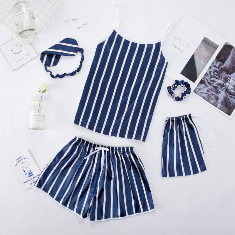 Sieben teiliges gestreiftes Pyjama-Set aus Kunstseide mit langärmeligem Cardigan und Camisole für Frühling und Herbst