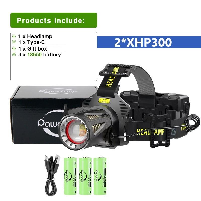 2*XHP300 Sensor Headlamp LED Rechargeable USB Head Flashlight High Power Head Torch Lantern Camping Fishing
