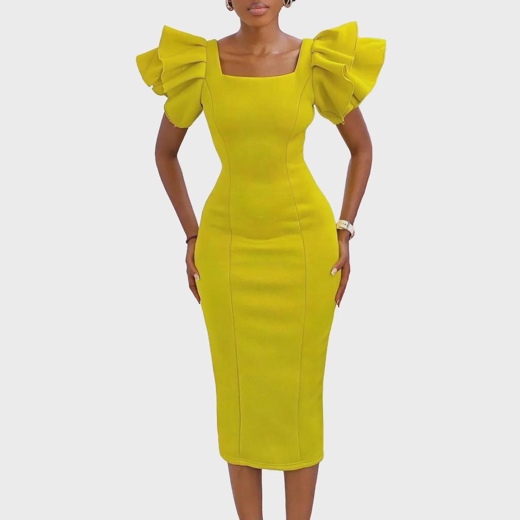 D3282 Women's Square Collar Ruffle Sleeve Commuter Party Dress