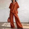 2026 spot new product European and American independent station summer leisure vacation loose cotton and linen v-neck wide-leg pants two-piece set