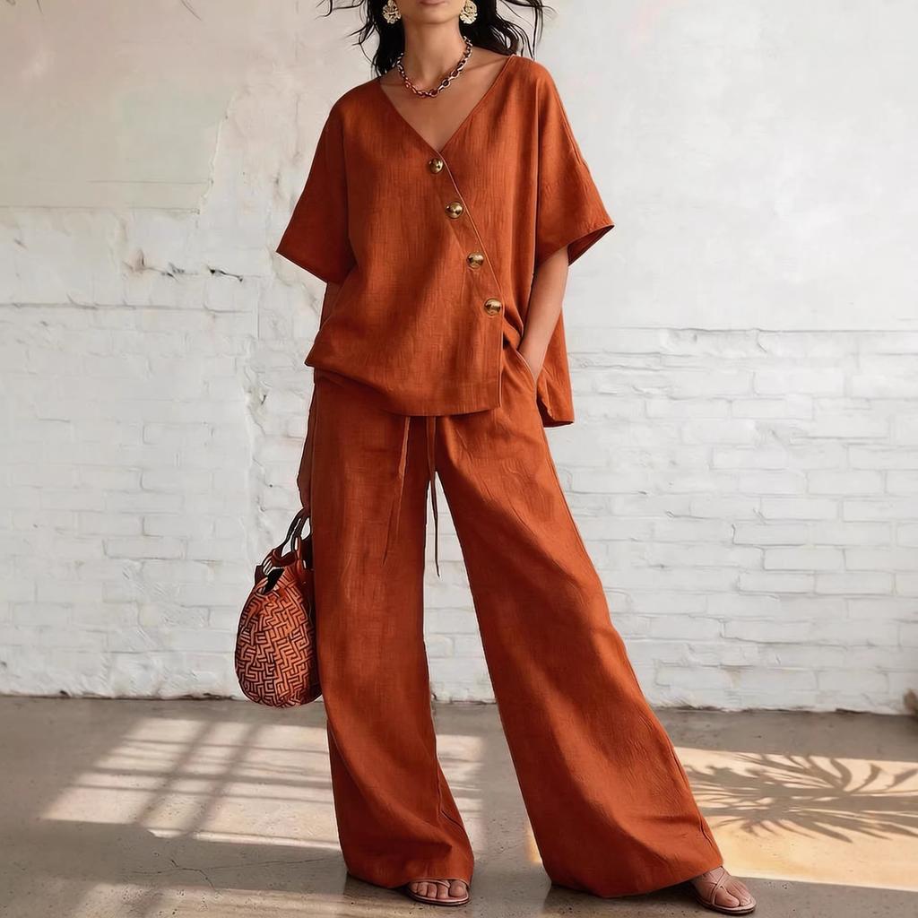 2026 spot new product European and American independent station summer leisure vacation loose cotton and linen v-neck wide-leg pants two-piece set