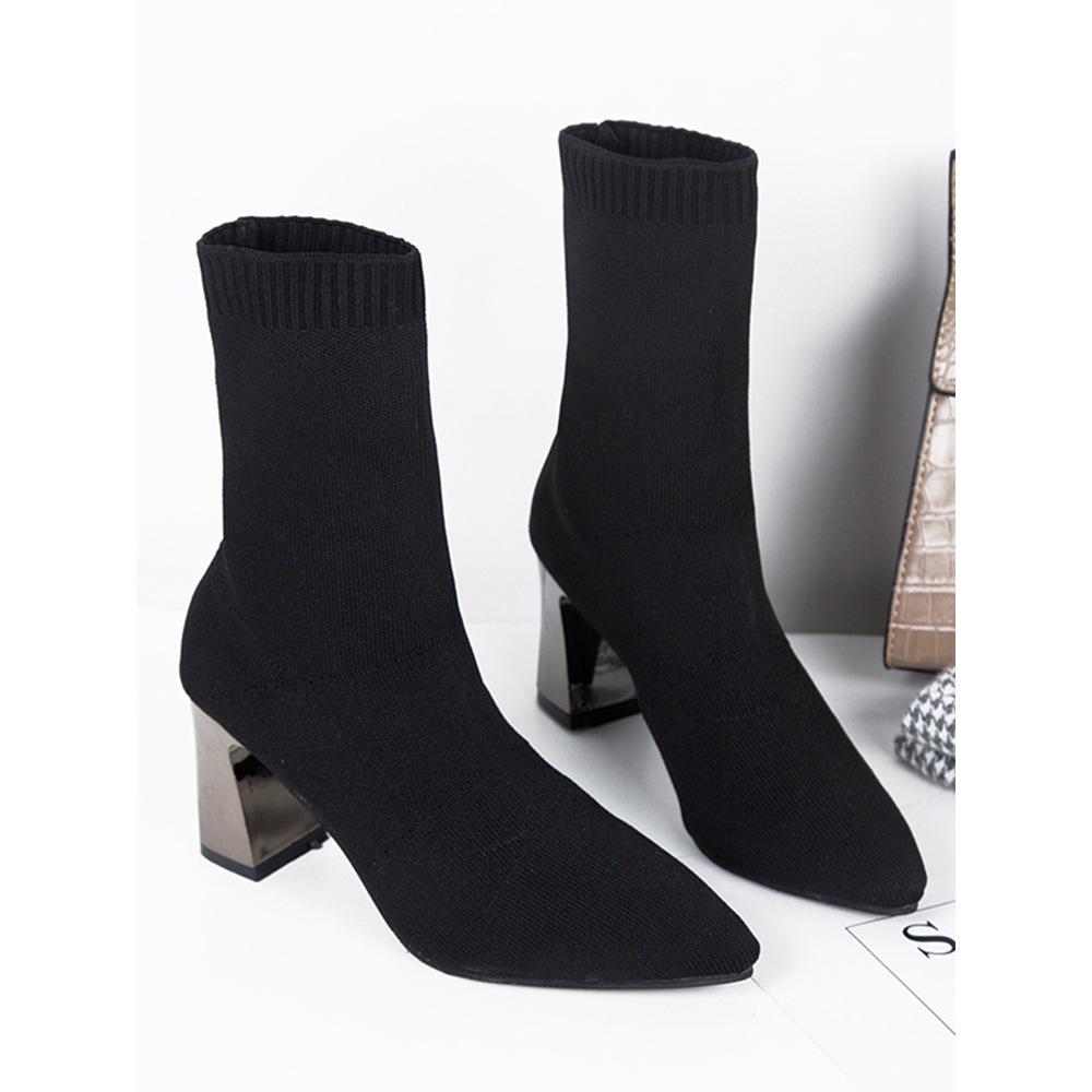 Damen Flyknit Elastische Socken Stiefeletten, Spitze Zehenpartie, Blockabsatz, Schlankmachendes Design, Europäischer/Amerikanischer Stil - 2025 Frühjahr/Herbst Kollektion