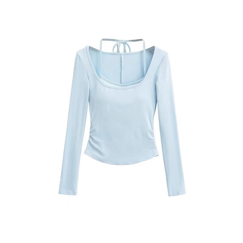 American with chest pad hanging neck fake two long-sleeved t-shirt women's autumn and winter niche elastic slim slim inner top
