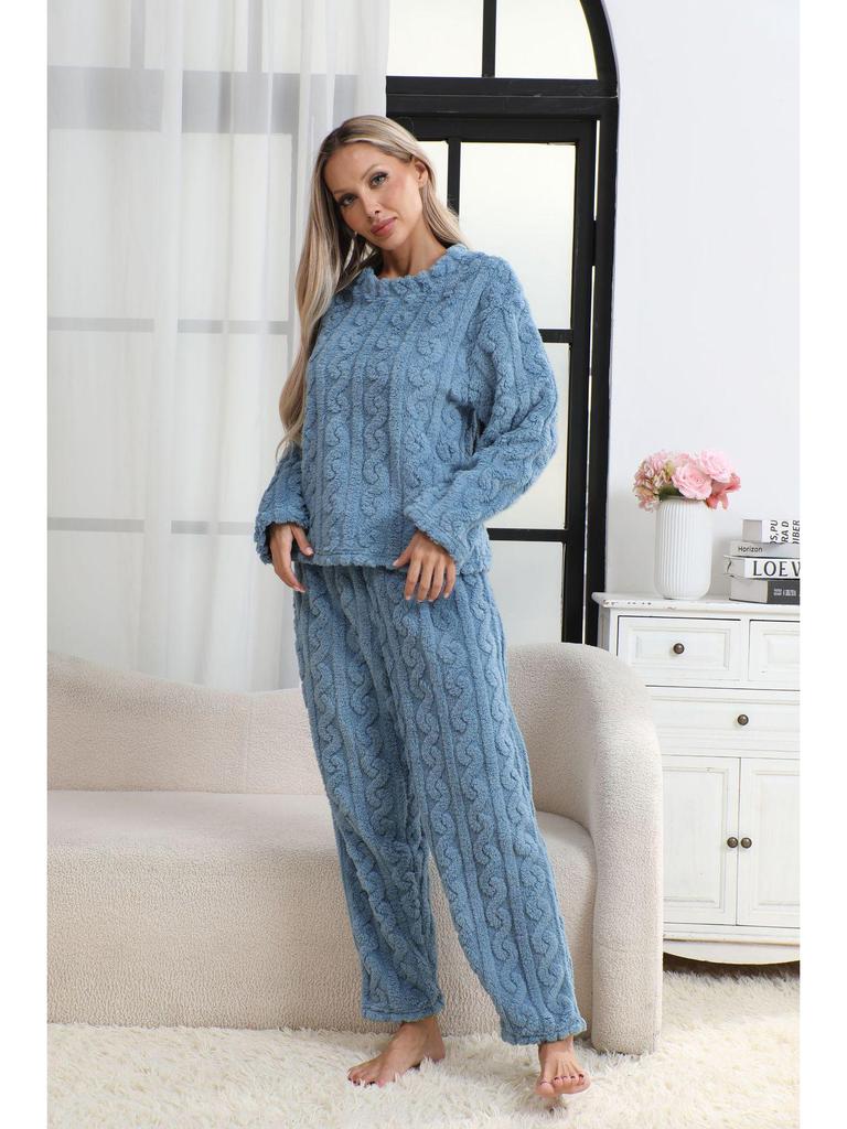 Damen Flannel Rippstrick Pyjama Set - Lässig und einfarbig (2025)