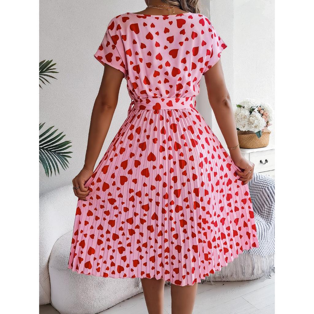QICED Spring Summer Casual Color-blocking Heart-shaped Short-sleeved Waist-cinching Pleated Dress Women's Wear