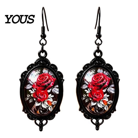 Gothic Earrings for Women 1 Pair Halloween Flower Earrings, Matte Black Oval Alloy Vintage Dangle Lightweight Stained Glass Rose Patterns Jewelry