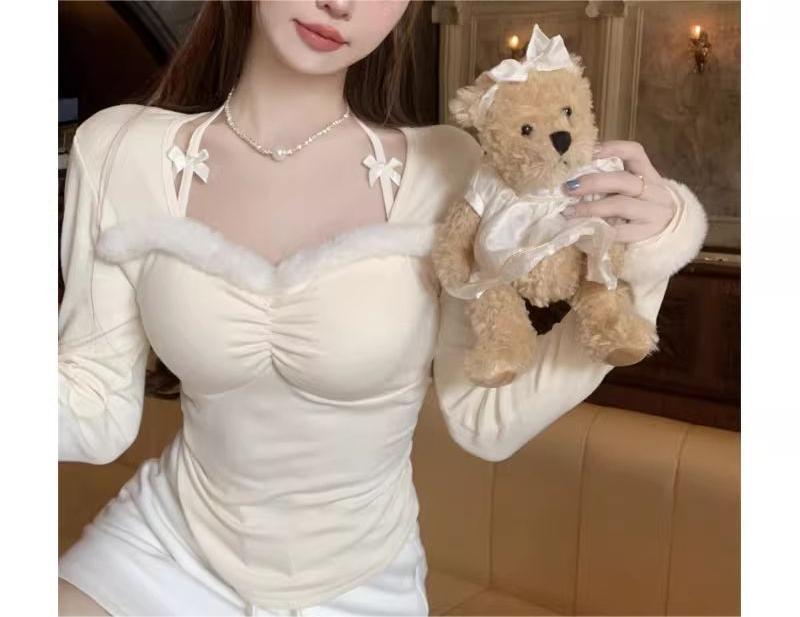 Trendy Spicy Girl Furry Halter Square Neck Long-Sleeve Base Layer Top
