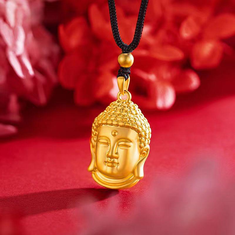 Vietnam Sand Gold Buddha Head Pendant Necklace: Copper Plated Dainichi Nyorai Buddha Statue with Black Cord for Men & Women Jewelry XL194-Buddha Head Necklace