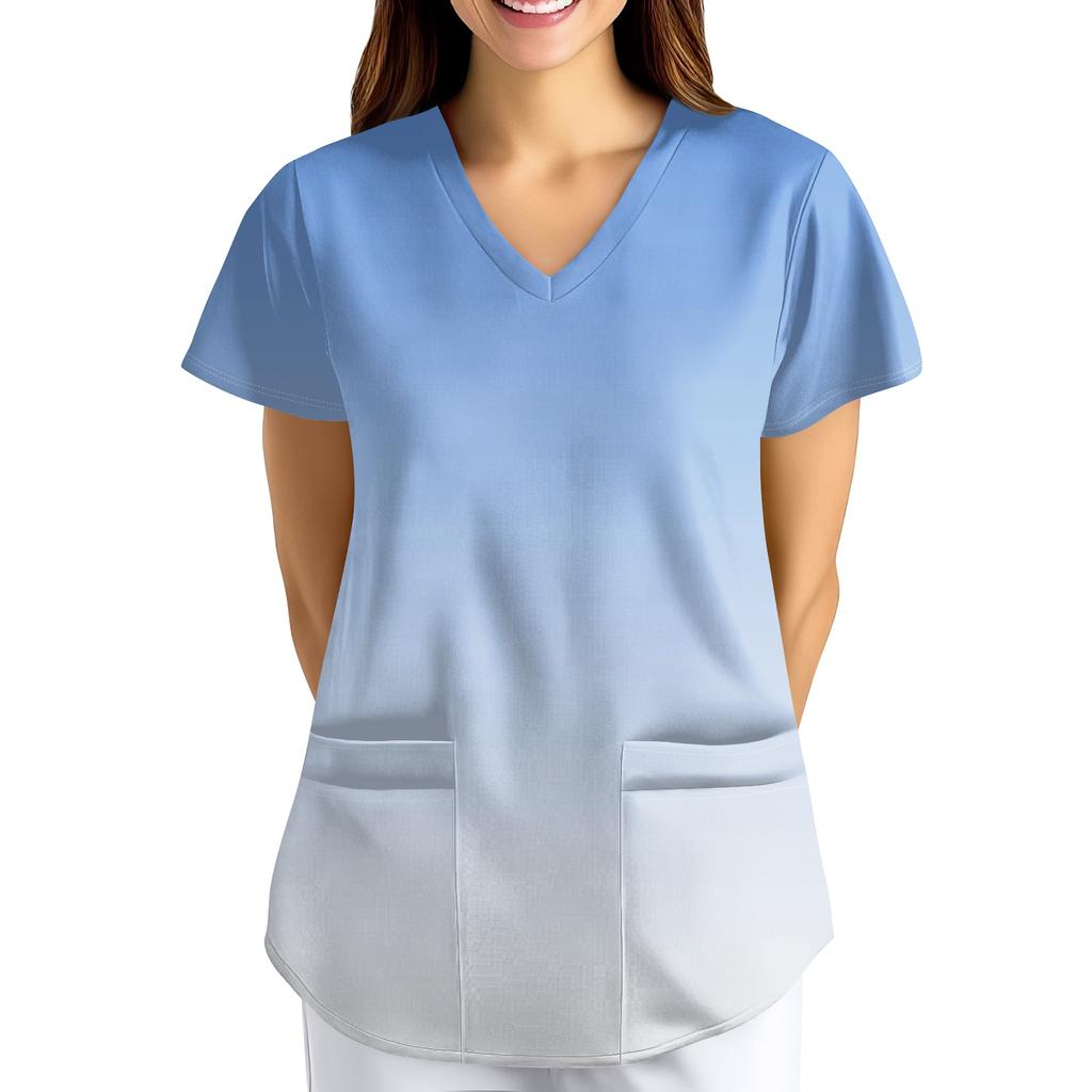 ÜbergrößeBedruckte Kasack Arbeitsuniform Oberteile für Damen V-Ausschnitt mit Überkreuzung Print Kurzarm Lustige T-Shirts Arbeitskleidung T-Shirt mit Taschen