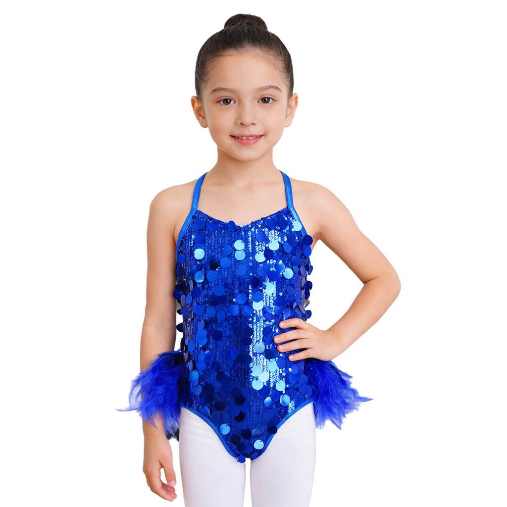 Kids Girls Dance Performance Costume Sleeveless Side Invisible Zipper Back Mesh Patchwork Feather Glittery Sequin Leotard