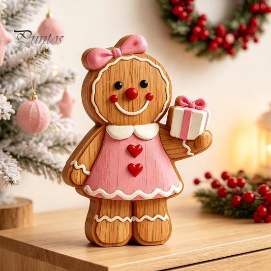 Unique Holiday Tabletop Gifts Christmas Gingerbread Man Ornament, Hand Painted Vintage Wooden Retro Style Ornaments Figurine, Rustic Decor for