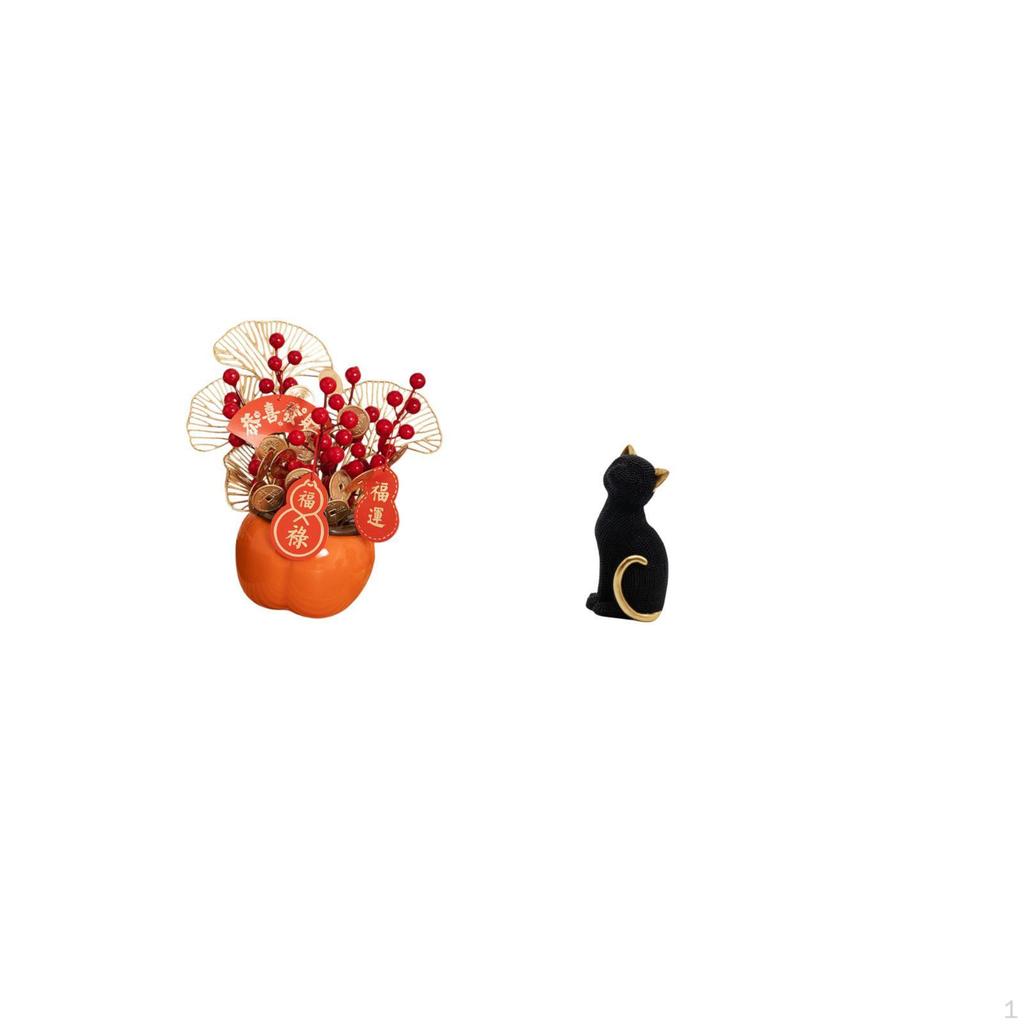 Artificial Flower Bonsai Cat Figurine Resin Decoration for Chinese Year Spring Festival Desktop