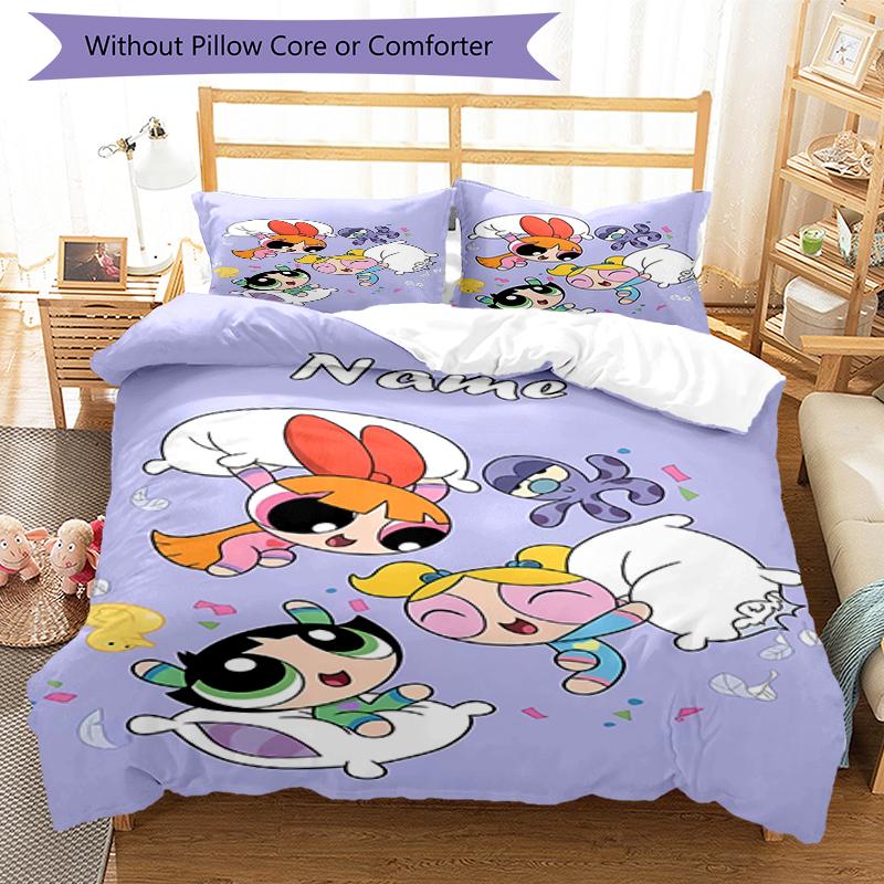 3pcs Custom Name The Powerpuff Girls Bedding Set Duvet Cover Closure Includes 1 Duvet Cover & 2 Pillowcases, Soft and Comfortable for All Seasons.