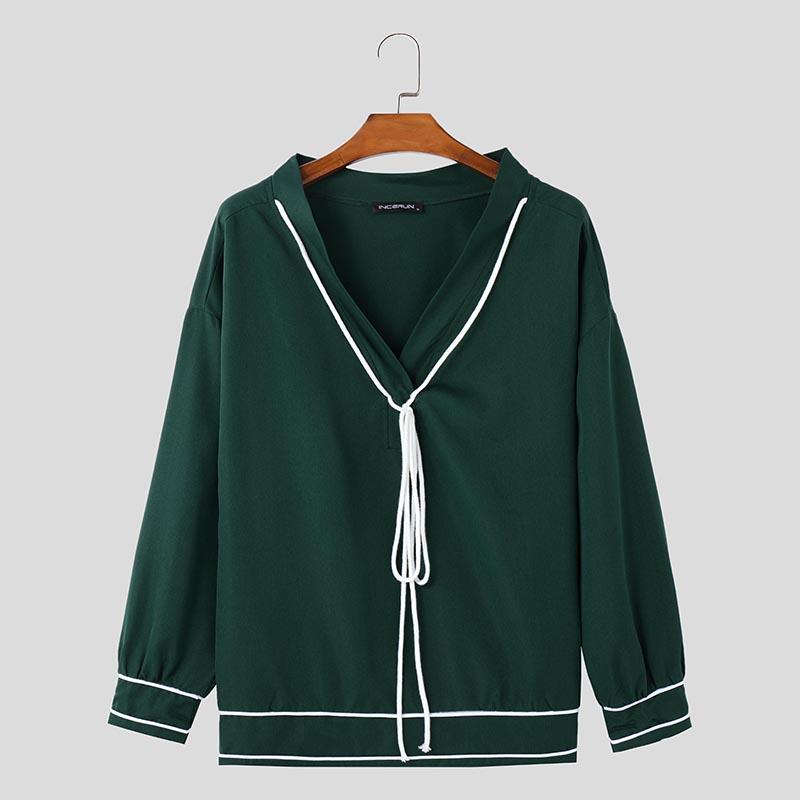 

INCERUN свободные мужские футболки с V-образным вырезом и длинным рукавом, повседневные топы 4XL темно-зеленого