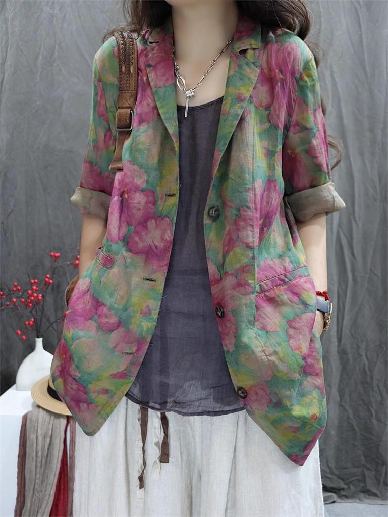 2026 New Style Women's Cotton-Linen Retro Printed Loose-Fit Casual Long Sleeve Suit