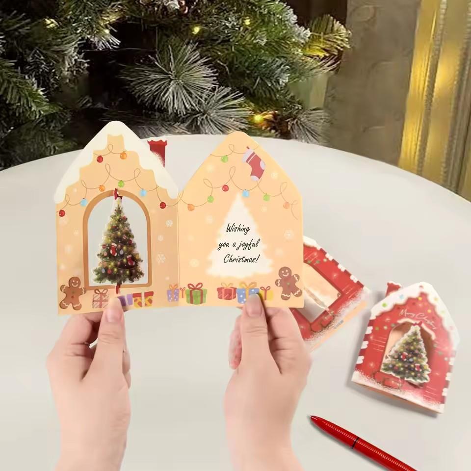 10/20Pcs Merry Christmas Greeting Cards House Design 3D Rotating Blessing Card for New Year Party Gift Decoration Supplies