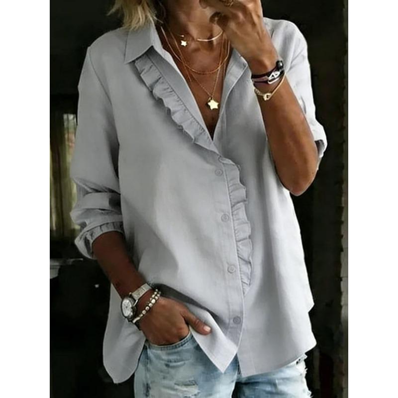 IHUASU Women's Fashion Casual Solid Color Print Long Sleeve V-Neck Blouses & Shirts