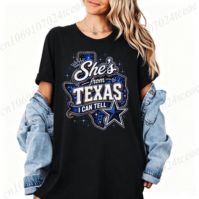 Leopard She’s From Texas I Can Tell Print Women's T-Shirts Pink Texas Girl Shirts Country Western Tees Design Short Sleeve