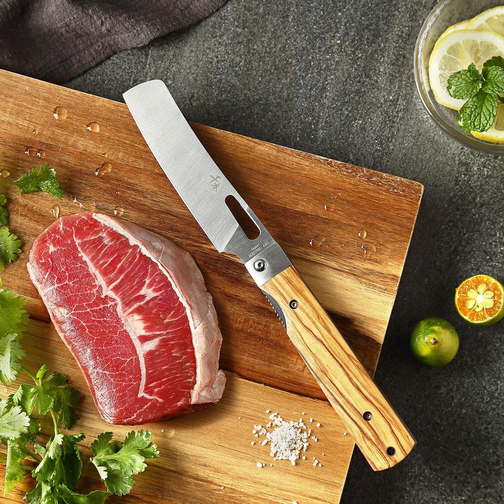SENBON 440A Steel Folding Outdoor Camping Olive Wood Camping BBQ Set Knife, Portable, Knife, Knife, Handle, Travel, Petit, 4-Piece