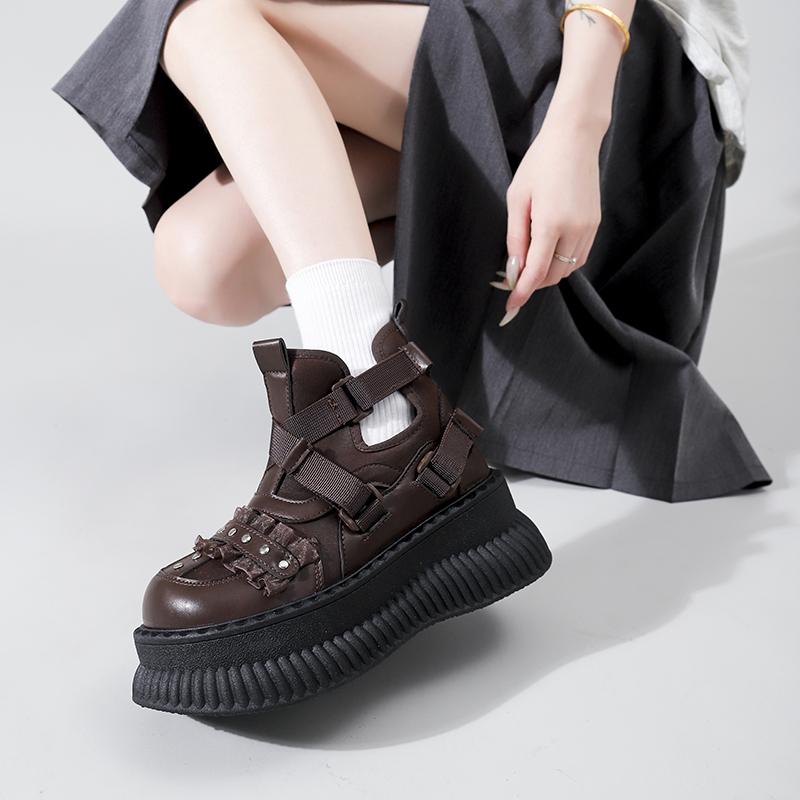 Goth Boots Woman  Trend Platform Heels Stylish Lolita Black Short Barrel Round Toe Girl's Boot Cosplay Booties Elegant Party