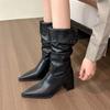 Fashion Autumn Winter Women Boots Point Toe High Heels Retro Ladies High-end Leather Chelsea Boots Platform Mid Calf Boots Female Botas