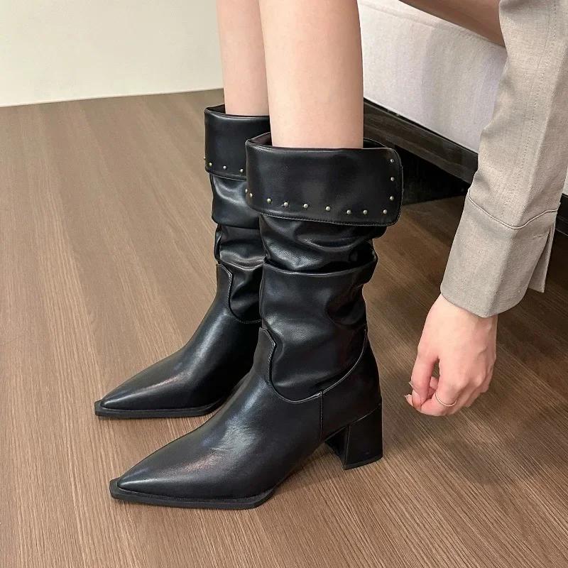 Fashion Autumn Winter Women Boots Point Toe High Heels Retro Ladies High-end Leather Chelsea Boots Platform Mid Calf Boots Female Botas