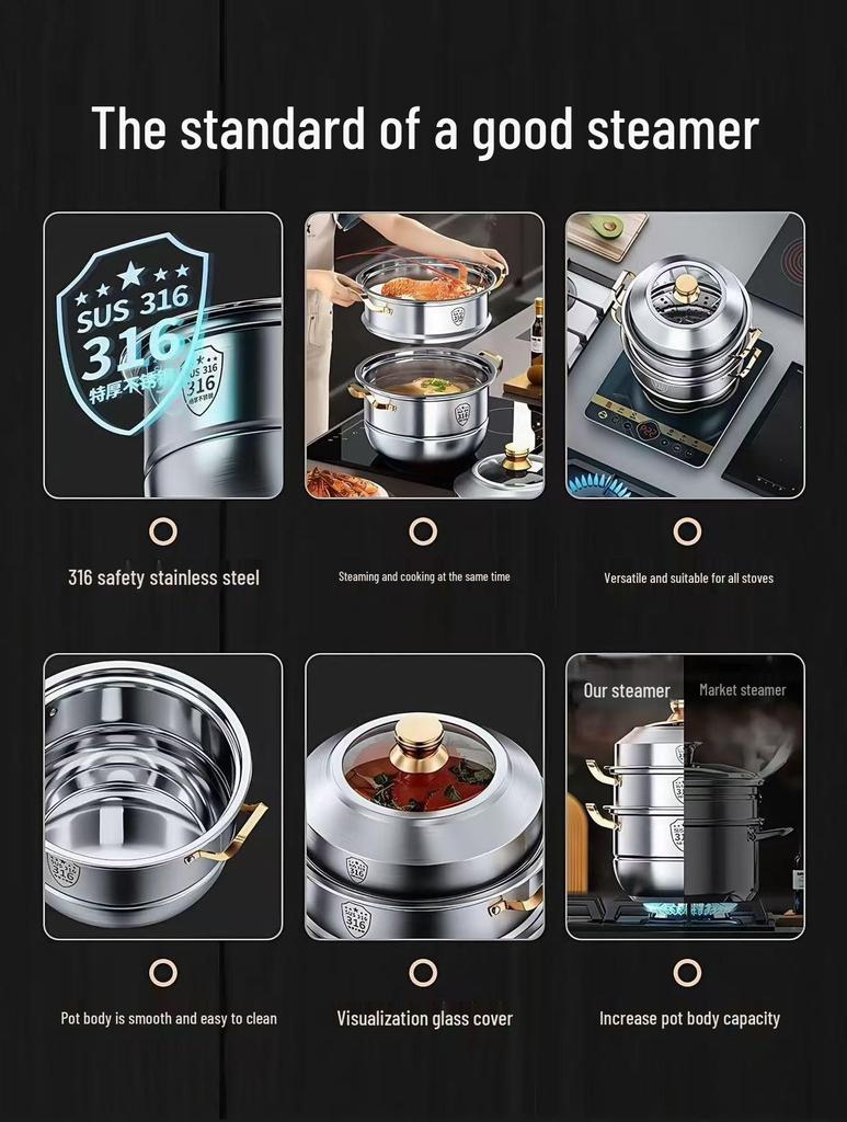 316 Stainless Steel Multi-Layer Steamer Pot: Food-Grade, Thickened Soup Pot for Induction Cookers