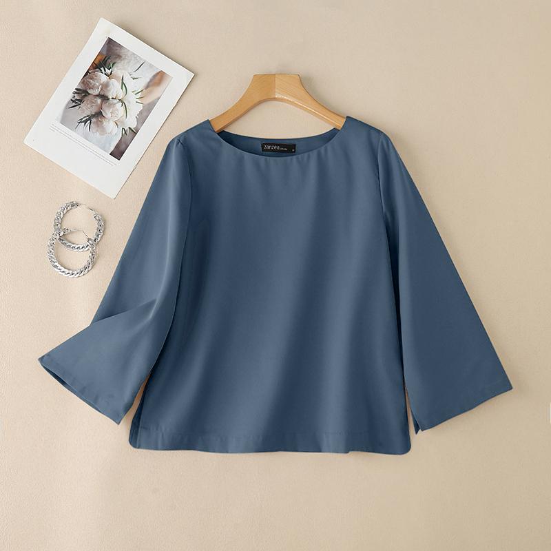 

ZANZEA Женская повседневная блузка с круглым вырезом и рукавами 3/4 однотонная свободного кроя