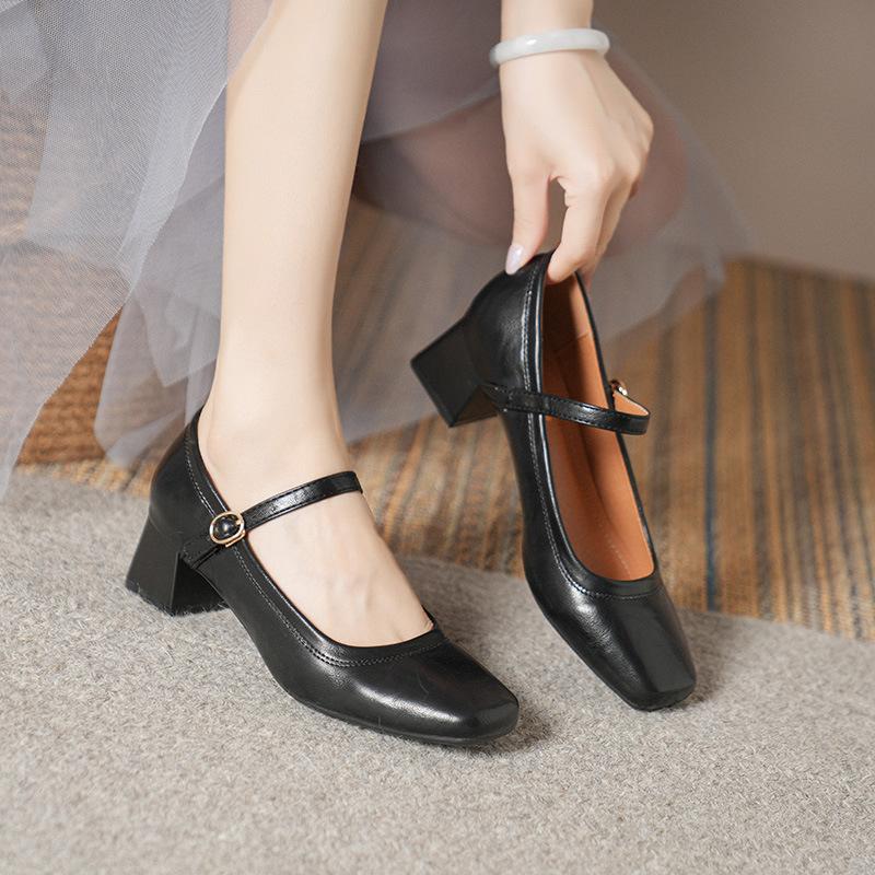 Fashion 2025 Summer Women 5cm High Heels Metal Buckle Wine Red Office Pumps Female Strap High Heels Lady Sweet Mary Jane Shoes