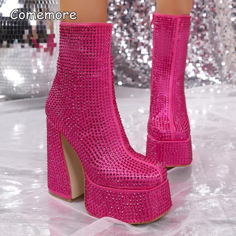 Super Hohe Klobige Absätze Strass Knöchelhohe Stiefel Rosapink Damenmode Plateau Schuhe Seitenreißverschluss Kristall Botines Stiefel Damen