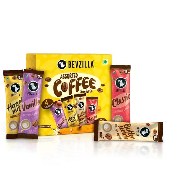 

Bevzilla 48 Instant Coffee Powder Sachets (4 Flavours) - 96 Grams | Hazelnut, Classic, Vanilla & Butterscotch | 12 pouches Each Flavour