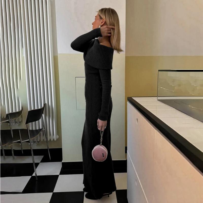 Off Shoulder Casual Dress Knitwear Maxi Dress Female Slim Elegant Fashion Autumn 2025 Ribbed Knit Dress For Women Long Dress