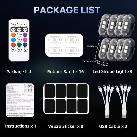 8PCS Wireless LED Lights For Car With Remote Control, High Brightness Wireless LED Strobe Light 8 Colors USB Charge IP65 Waterproof Anti-Collision