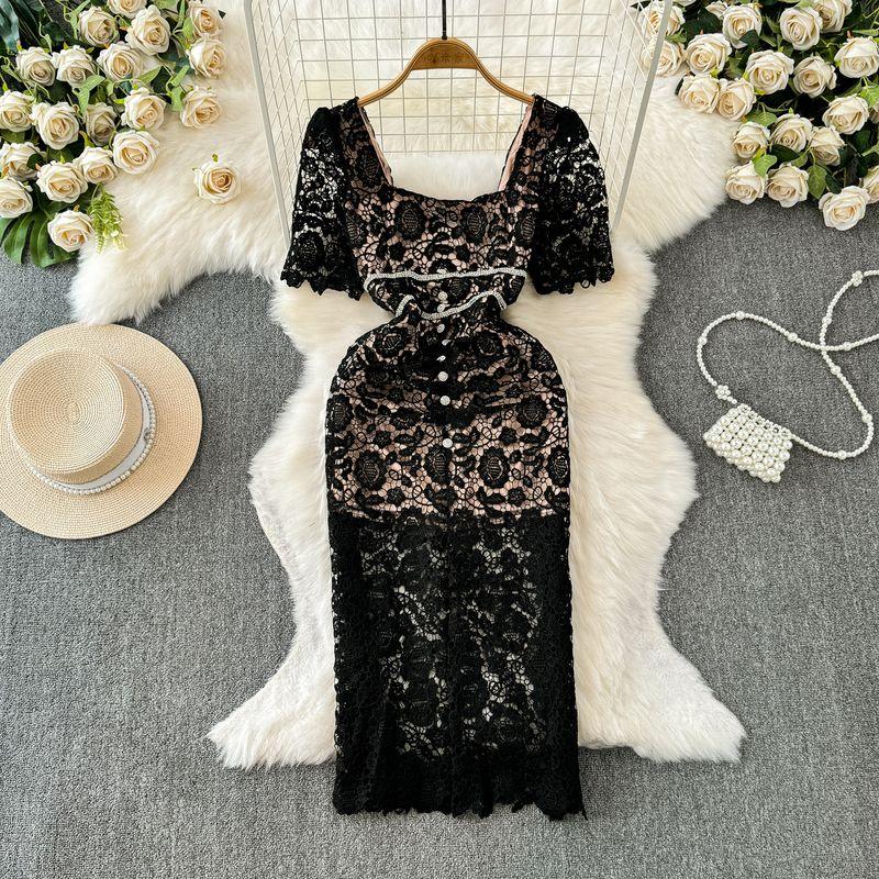 

Lace Square Collar Stylish Tight Waist Slim Looking Dress Goddess Temperament 2024 Summer New Arrival French Style Hepburn Dress Black One size